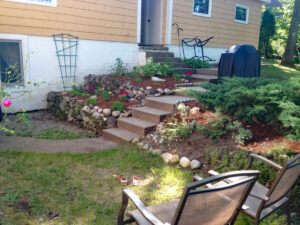 Backyard with various levels and uneven steps